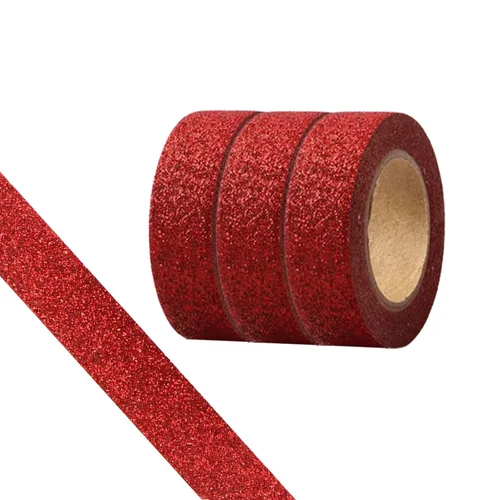 Cinta Washi con Purpurina, 3 Rollos 5/8" (15mm) Cinta Decorativa Roja, Cinta Autoadhesiva Pegajosa para Manualidades con Ribete Dorado con Rojo