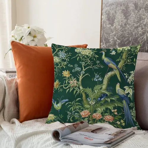 Miniatura 5 de Fundas de almohada chinoiserie verde turquesa floral y pájaro con cremallera de 16 x 16 pulgadas, fundas de almohada de lino para sofá, dormitorio