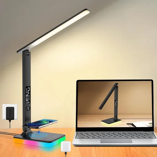 Miniatura 14 de Lámpara de escritorio LED para oficina en casa, puerto de carga USB, luz de escritorio de lectura con 5 temperaturas de color, atenuación continua