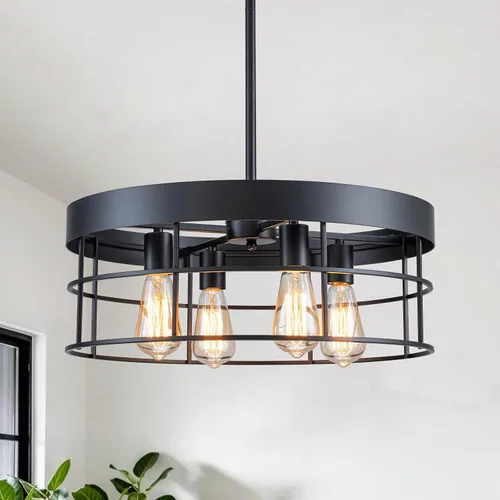 Miniatura 10 de Candelabro industrial de granja de 19.7 pulgadas, 4 luces, estilo rústico, con textura de grano de madera y pantalla de metal negro para comedor
