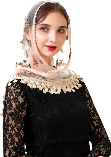 Miniatura 7 de PAMOR Triángulo pequeña flor capilla velos bordados bufanda mantón latino masa cabeza cubierta Mantilla velo para iglesia