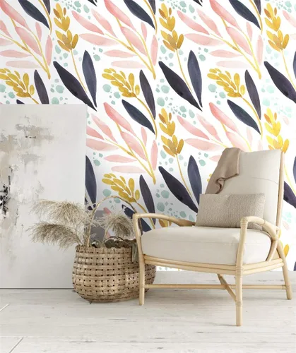 Miniatura 2 de HaokHome - Papel tapiz adhesivo para repisas, vinilo, bosque en acuarela, diseño floral, color blanco, rosa, azul marino y amarillo, removible, 17.7