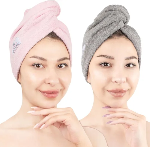 American Soft Linen Toalla de cabeza 100% algodón, envoltura de pelo antiencrespamiento para mujer, toallas de algodón absorbente, paquete de 2,