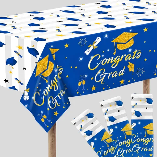 KatchOn Decoraciones de graduación 2026 | Mantel de graduación azul y blanco – Paquete de 3, extra grande de 108 x 54 pulgadas | Mantel de