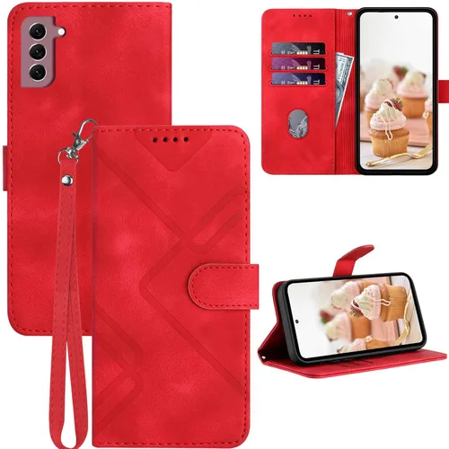 Miniatura 8 de Funda para Galaxy S21, tarjetero, correa para la muñeca, soporte, cierre magnético, funda con patrón de piel sintética, protección a prueba de Azul