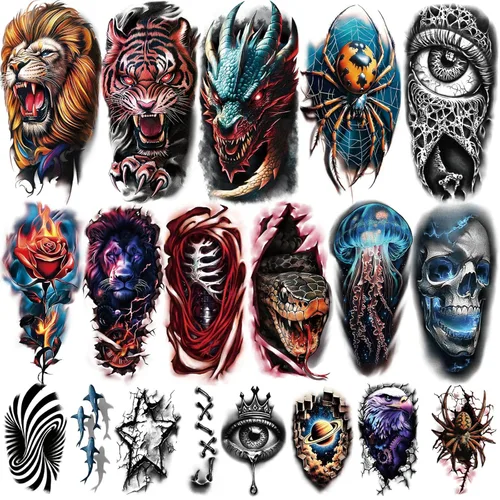 77 hojas de tatuajes temporales realistas en 3D para adultos y niños, cráneo, tigre, lobo, león, dragón, araña, serpiente, tatuajes temporales para