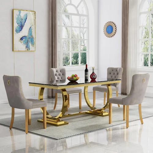 Miniatura 33 de HomVent Juego de mesa de comedor moderna de mármol sintético para 4 personas, mesa de cocina rectangular con 4 sillas beige (dorado)