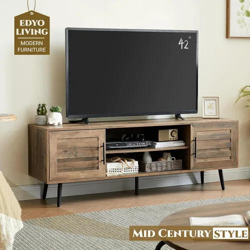 Miniatura 3 de EDYO LIVING Soporte de TV moderno de mediados de siglo para TV de 65 pulgadas, soporte de TV de madera con armario de almacenamiento y estante