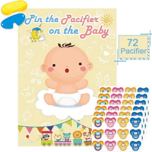 Hxezoc Pin The Pacifier On The Baby Game - Póster grande para fiesta de baby shower, suministros de fiesta de cumpleaños para niños, 72 calcomanías
