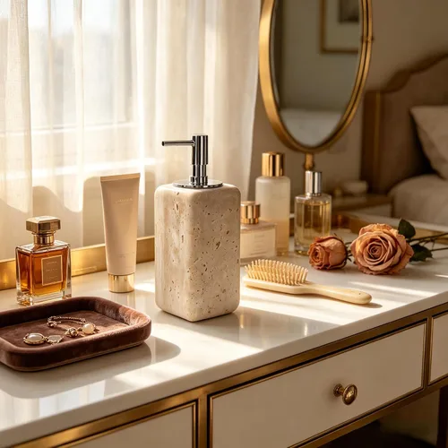 Miniatura 2 de Dispensador de jabón de travertino, accesorios de baño, dispensador de loción de piedra cuadrada orgánica natural prémium con bomba de metal