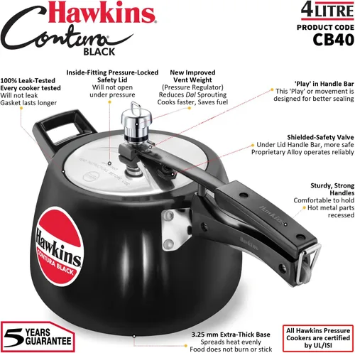 Miniatura 8 de Hawkins Olla de presión Contura de 4 litros, color negro, con tapa interior anodizada dura, Olla Handi, color negro (Cb40), 4 litros