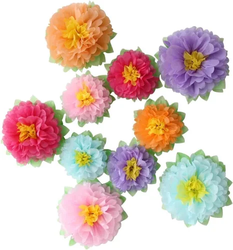 Mybbshower Coloridas flores de papel para fiesta (9-7 pulgadas surtidas) Juego de 10 decoraciones al aire libre para niños, cumpleaños, carnaval,