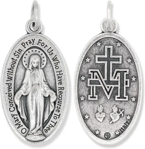 Miniatura 2 de Caritas et Fides Paquete de 5 medallas milagrosas ovaladas grandes en inglés (1.125 pulgadas, plata oxidada) – Hecho en Italia, colgante de María