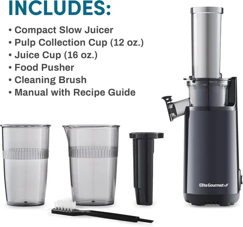 Miniatura 3 de Elite Gourmet Exprimidor lento compacto de masticación, extractor de jugo de prensa en frío, sin BPA, con exprimidor eléctrico de cítricos, control