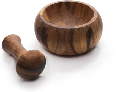 Juego de mortero y mortero de madera de acacia, molinillo de hierbas y especias de 4 x 3 pulgadas, triturador de ajo, molinillo de granos de café,