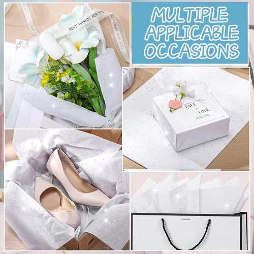 Miniatura 4 de woric 135 hojas de papel de seda blanco para bolsas de regalo de 20 x 14 pulgadas, papel de seda con purpurina para cumpleaños, baby shower, boda