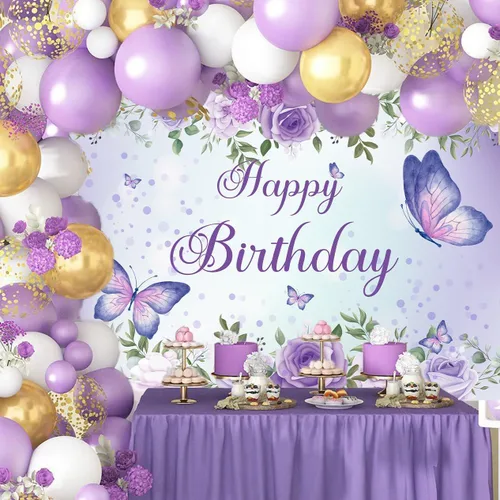 Miniatura 7 de Pancarta de cumpleaños de mariposa morada para mujeres y niñas (59 x 36 pulgadas), pancarta morada para decoración de feliz cumpleaños para mujeres