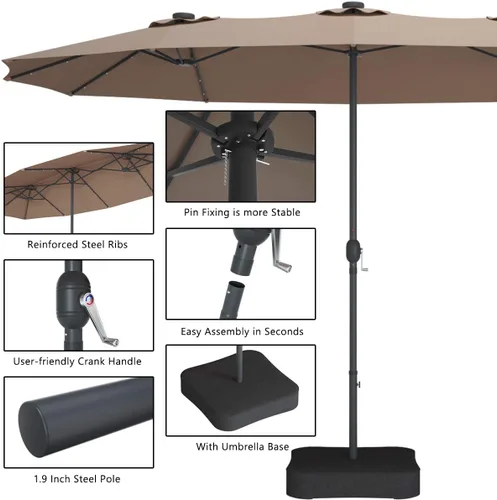 Miniatura 6 de Tangkula Sombrilla solar de patio de 15 pies con base, sombrilla individual extragrande de doble cara para exteriores con 36 luces LED y manivela