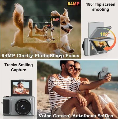 Miniatura 3 de ARNSSIEN Cámara digital 4K con pantalla abatible de 180° de 2.8 pulgadas, cámara fotográfica, diseño fácil de transportar tarjeta de 64 GB