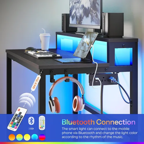 Miniatura 6 de YATINEY Escritorio pequeño para computadora con estación de carga y luces LED, escritorio para juegos con soporte para monitor, escritorio