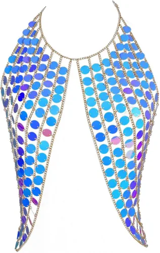 Ingemark Arnés sexy en la cintura para bikini con cadena de cuerpo, collar de hombro para mujer, lentejuelas doradas y plateadas, Sin gemas.