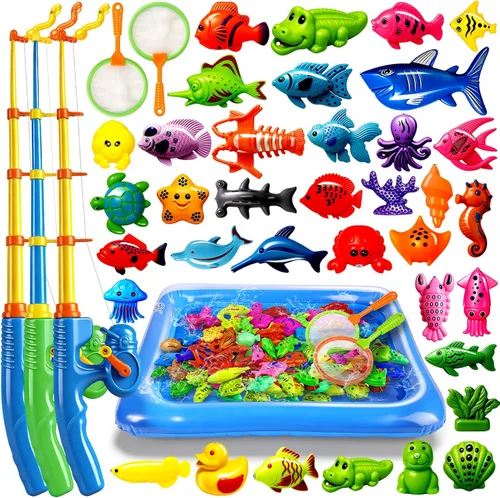 CozyBomB™ Juego de juguetes magnéticos de pesca para niños | Juego de mesa de agua, piscina para niños, caña de pescar, red, peces flotantes de