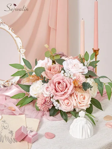 Miniatura 4 de Serwalin Flores artificiales, decoración de boda rosa, flores rosas, decoración de pasteles, flores falsas, flores de seda, ramos de novia, centros