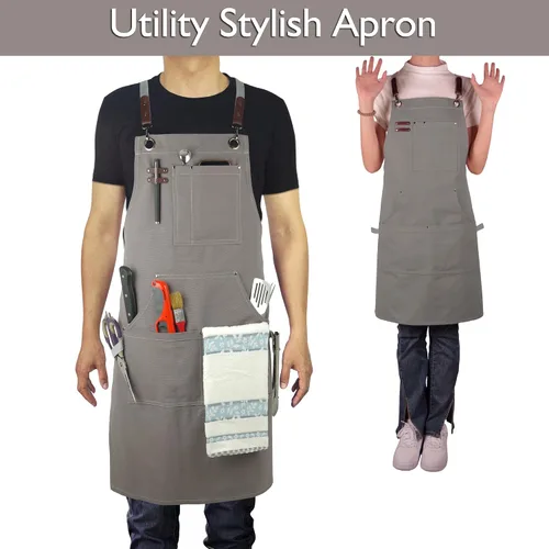 Miniatura 2 de Delantal de cocina, delantal de trabajo, lienzo, múltiples bolsillos, jardinería, pintura, barbacoa, artista, carpintero, tallas M a XXL, gris oscuro