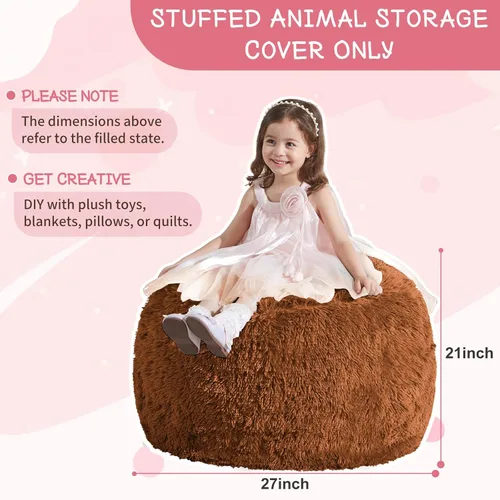 Miniatura 2 de WSOFRLAC Bean Bag Cover (No Filler), Stuffed Animal Storage Bean Bag Covers for Kids, Soft Faux Fur Washable Cover with Pocket Handle, Comfy Fluffy