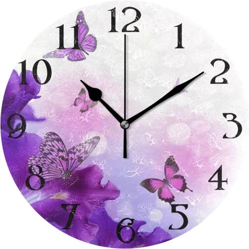 Reloj de pared con mariposas moradas, silencioso, funciona con pilas, floral, sin tictac, decorativo, reloj analógico de cuarzo redondo de 9.5 A01