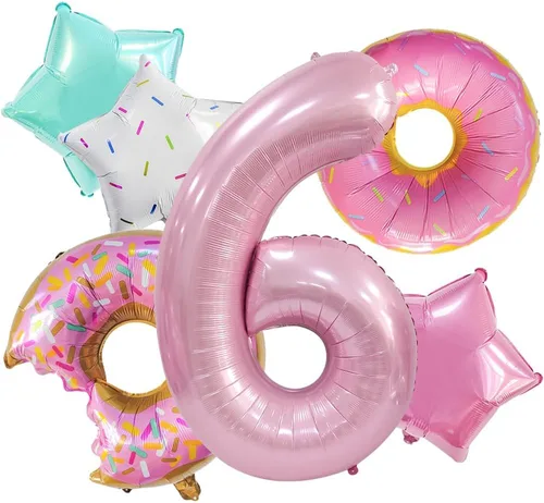 Miniatura 12 de Decoraciones de dona para el primer cumpleaños, suministros de decoración de fiesta de cumpleaños para niñas, 40 pulgadas, color rosa, 6 globos