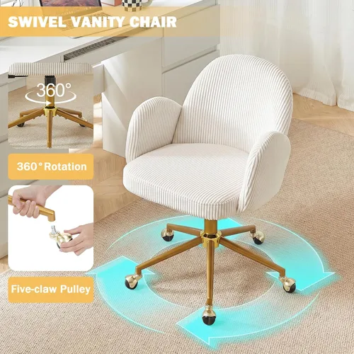Miniatura 7 de Silla de tocador con ruedas, silla de tocador de pétalos con respaldo y patas de metal dorado entrecruzadas, silla de escritorio para oficina
