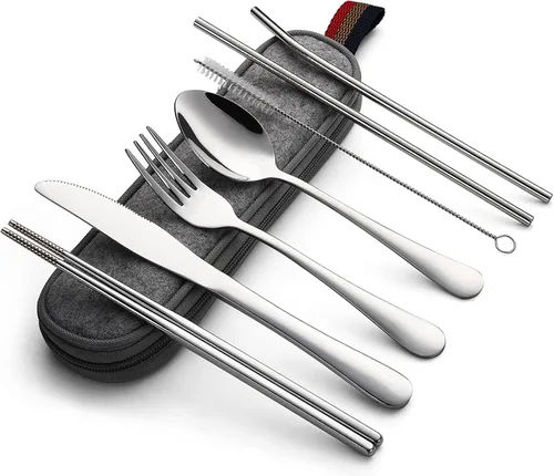 DEVICO Utensilios portátiles, juego de cubiertos de viaje y campamento, 8 piezas, incluyendo cuchillo, tenedor, cuchara, palillos, cepillo de