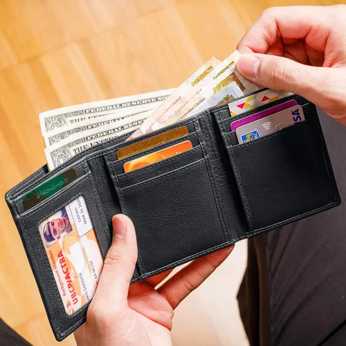 Miniatura 7 de Billetera triple de 8 compartimientos bloqueadora de RFID con espacio para identificación - Cuero auténtico - Billeteras bloqueadoras de RFID