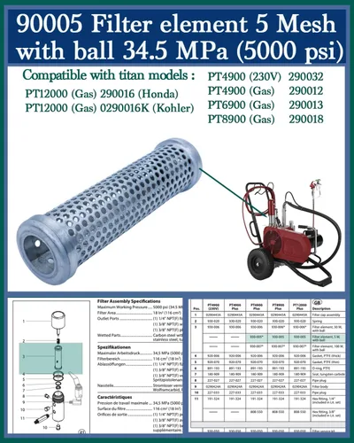Miniatura 3 de 930-005 Filtro colector de bomba de 5 mallas 5000 PSI con bola. Compatible con Titan PowrTwin 4900, 6900, 8900, 12000 Plus y PowrBeast 4700, 7700