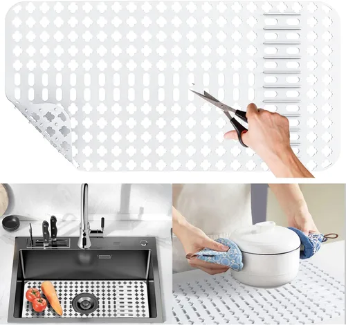 Moryimi Alfombrilla Grande de Silicona Blanca para Fregadero y Protector con Orificios de Drenaje Recortados para Fregaderos de Cocina Estilo Granja