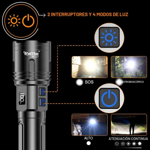 Miniatura 4 de Relybo Linternas recargables de alto lúmenes, linterna LED de 100000 lúmenes, linternas superbrillantes de alta potencia, largo alcance de 5000