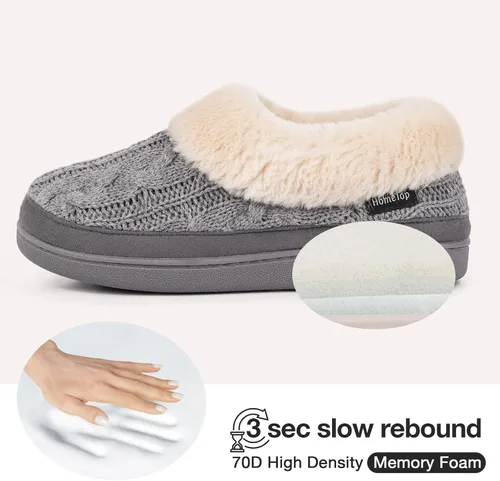 Miniatura 3 de HomeTop Pantuflas de casa de espuma viscoelástica de punto trenzado para mujer con cuello de felpa mullida