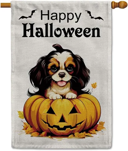 Miniatura 33 de Bandera de jardín de bulldog de Halloween de 12.5 x 18 pulgadas, vertical, doble cara, calabaza de Feliz Halloween, linda cachorro, decoración