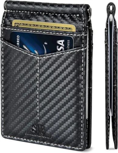 Miniatura 9 de SERMAN BRANDS Billetera con bloqueo RFID delgada de dos pliegues – Carteras minimalistas de cuero genuino con bolsillo frontal para hombres con clip