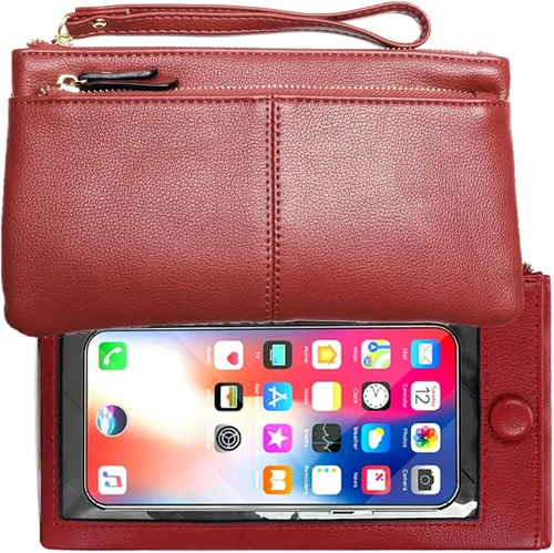 Funda de cuero para teléfono con pantalla táctil, cartera de mano para mujeres y niñas F21 Borgoña 2 bolsillos