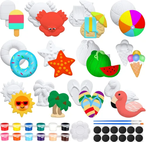Miniatura 10 de Sinmoe 12 juegos de kit de arte y manualidades, kit de pintura de cerámica sin pintar DIY, pinta tus propias figuras con 12 imanes, 2 pinceles y 1
