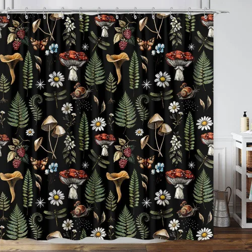 Miniatura 38 de Cortina de ducha de mariposa floral negra y dorada, cortina de ducha bohemia con diseño botánico de flores oscuras para baño con gancho, juego