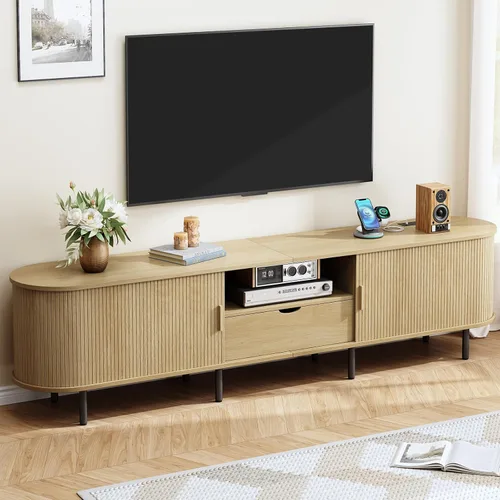 Miniatura 9 de ONBRILL Soporte de TV de 69 pulgadas con toma de corriente para televisores de hasta 80 pulgadas, centro de entretenimiento con almacenamiento
