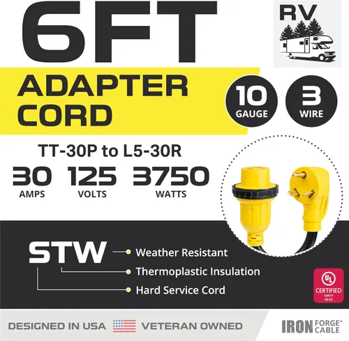 Miniatura 2 de Iron Forge Cable Cable de extensión RV de 30 amperios de 6 pies - 10/3 STW TT-30P a NEMA L5-30R 125v Cable de alimentación de RV resistente para uso