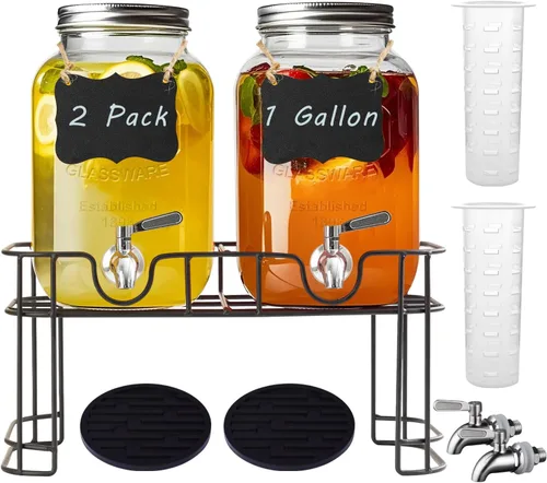 dispensador de bebidas de vidrio de 1 galón con soporte, paquete de 2 dispensadores de vidrio con llave de acero inoxidable, dispensador de agua y