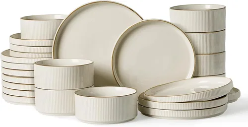 Miniatura 72 de famiware Juego de vajilla con estrellas, juego de platos y cuencos para 4, 12 piezas de vajilla acanalada - Resistente a las astillas y a