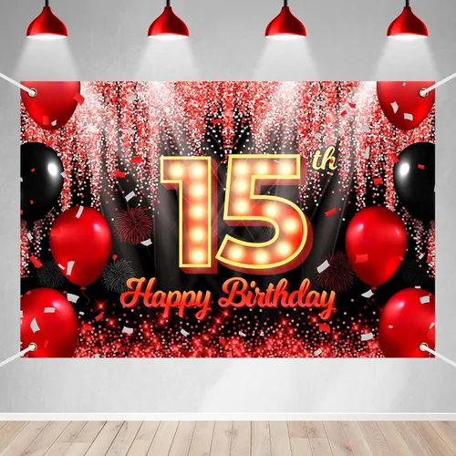 Miniatura 14 de Telón de Fondo Banner de Feliz 10º Cumpleaños Tema Negro y Rojo con Fondo de Neón Brillante y Moda para Fiesta de Cumpleaños Fotografía Accesorio