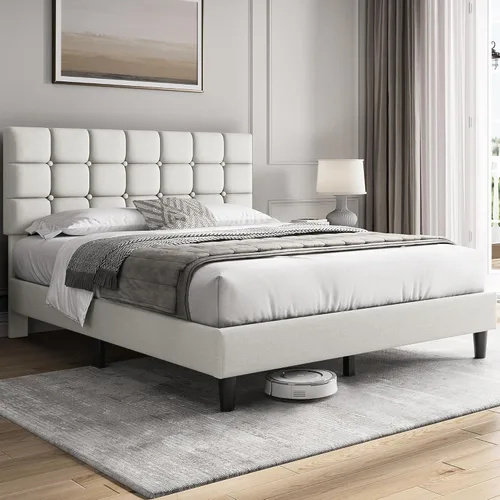 Miniatura 3 de Yaheetech Marco de Cama Tapizado, Plataforma de Cama Queen Moderna con Cabecera de Capitoné con Costuras Cuadradas y Botones, Altura Ajustable, Beige