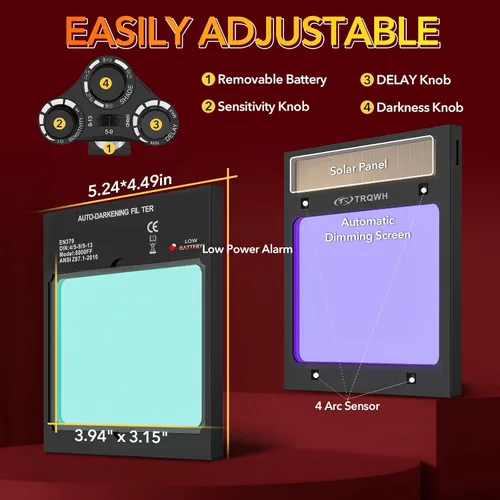 Miniatura 5 de TRQWH Welding Helmet Auto Darkening Large Viewing True Color Solar Powered Welding Mask with 4 Arc Sensor Adjustable Wide Shade Range 4~5-8/9-13